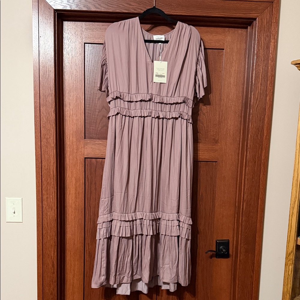 bohme Dusty Mauve Ruffle Tiered Midi Dress